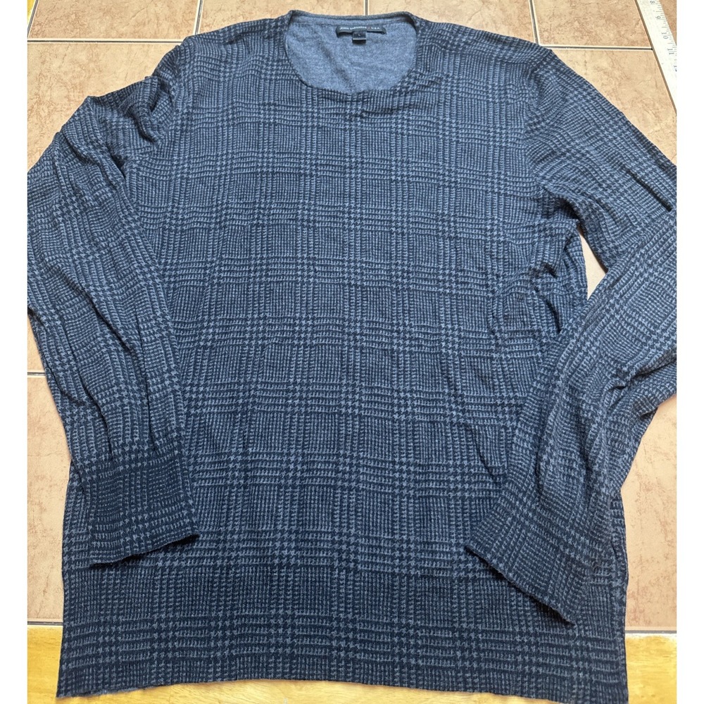 John Varvatos Sweater Mens Sz Large Black Gray‎ Plaid Lightweight Cotton Wool